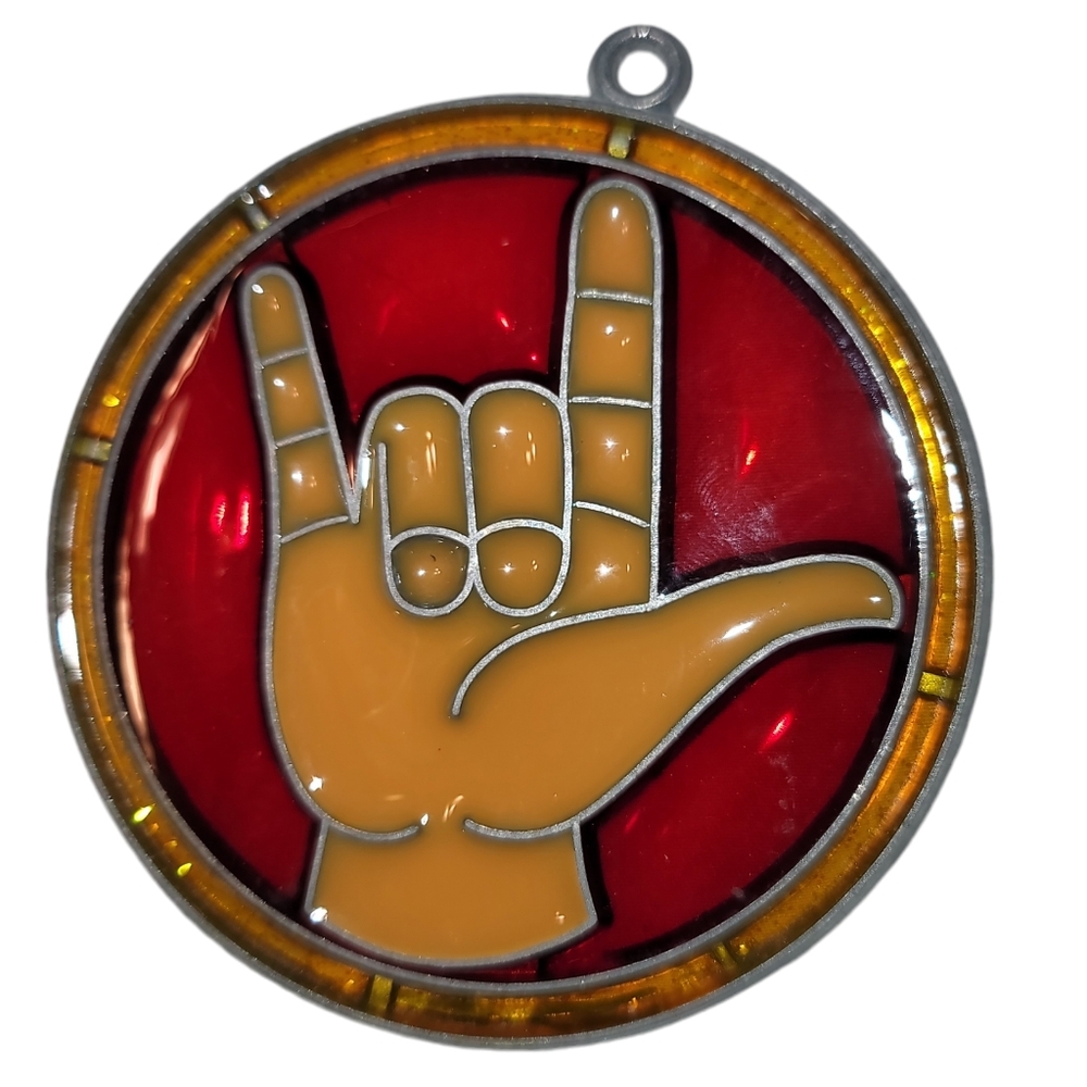 Vintage Handmade Stained Glass I Love You Sign Language Suncatcher Ornament Red